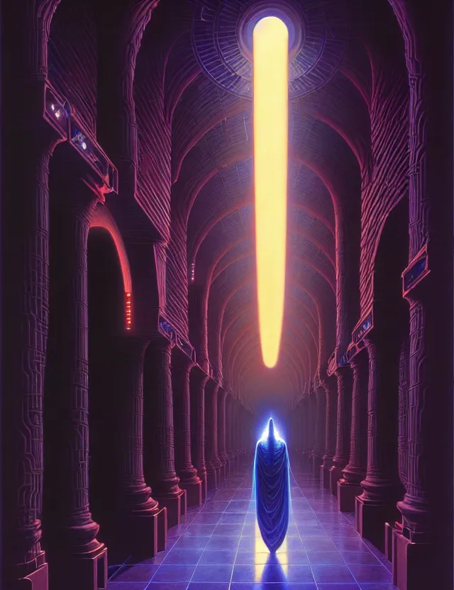 Prompt: infinite hallway, pillars of light technology, dark woman silhouette, tim hildebrandt, bruce pennington, wayne barlowe, donato giancola, trending on artstation, cinematic composition, beautiful lighting, hyper detailed, 8 k, oil on canvas