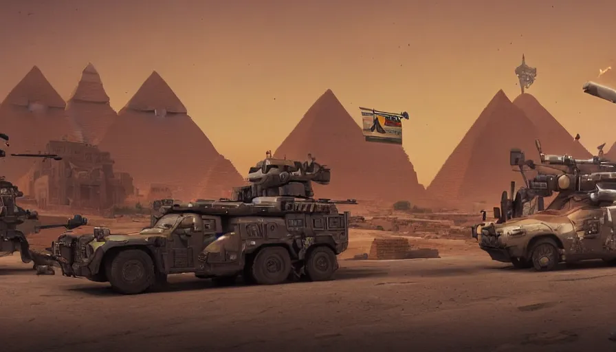 Image similar to a militarized police vehicle with mounted weapons riding through an orwellian egyptian town, ornate pyramids in the background, furious action scene, an epic fantasy, dramatic lighting, cinematic, establishing shot, extremely high detail, photorealistic, cinematic lighting, artstation, octane render, by simon stalenhag, horizon forbidden west