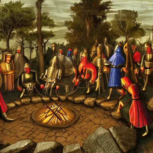 Image similar to Medieval knights gathered around a firepit surrounded by werewolves