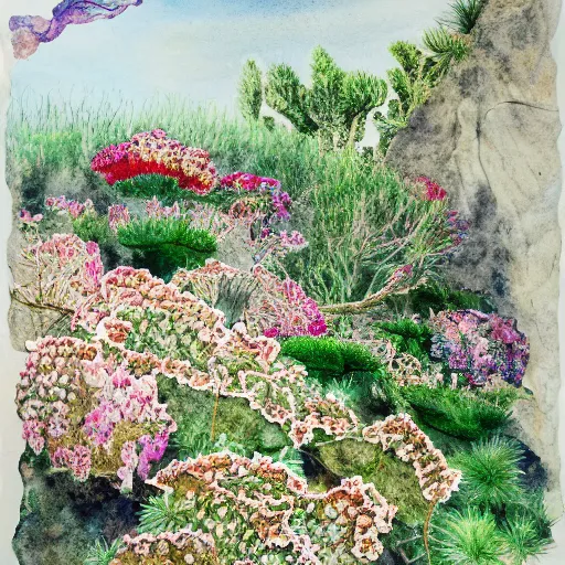 Prompt: delicate coastline mountain garden on paper, stony, puffy, botanical herbarium, botanic watercolors, iridescent, 8 k wide angle, realistic shaded, fine details, artstation, italian, rainbow, colonnade, oak tree, pomegranade, vines, gardena architecture, pompeian, sicilian