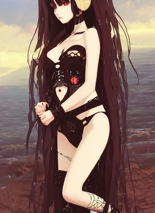 Image similar to portrait of beautiful young gothic anime maiden in bikini armor, cute-fine-face, pretty face, realistic shaded Perfect face, fine details. Anime, cyberpunk, highly detailed, artstation, illustration, art by Ilya Kuvshinov and Gustav Klimt