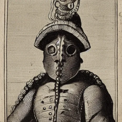 Image similar to tA colonial soldier with an octopus head, engraving, ink, black and white, 17th century