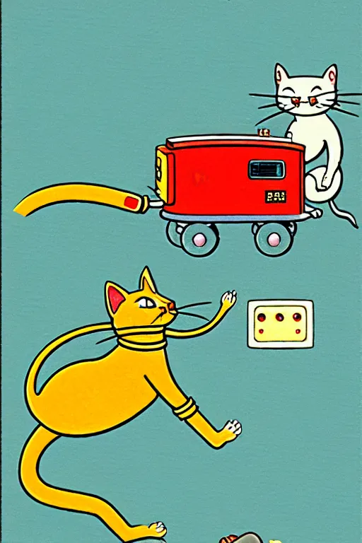 Image similar to by richard scarry. a cat chasing a robot mouse. a 1 9 5 0 s retro illustration. studio ghibli. muted colors, detailed