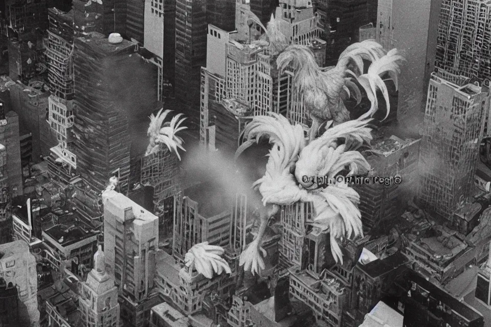 Prompt: still image taken from sci fi horror movie of a giant rooster fights an monster in the city. aerial shot, 1 9 8 0 s polaroid photo - journalism flash photograph.