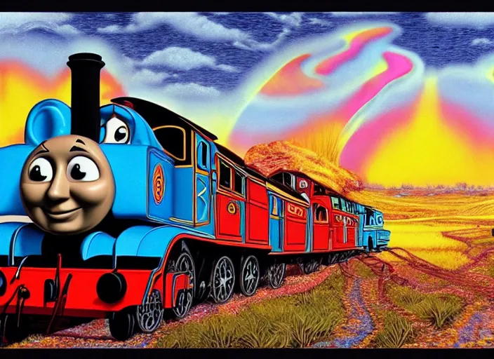 Image similar to psychedelic art of thomas the tank engine meeting god, in the style of michael whelan and james gurney and wayne barlowe