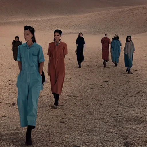 Prompt: huge crowd of factory worker girls, walking in the desert, margiela campaign, cinematic lighting, hd vfx - 9