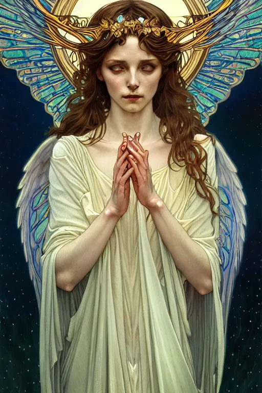 Image similar to Tarot card of an angel girl with glowing halo and highly detailed intricate wings, art nouveau, fantasy, intricate, elegant, highly detailed, digital painting, artstation, concept art, smooth, sharp focus, illustration, art by Krenz Cushart and Artem Demura and alphonse mucha