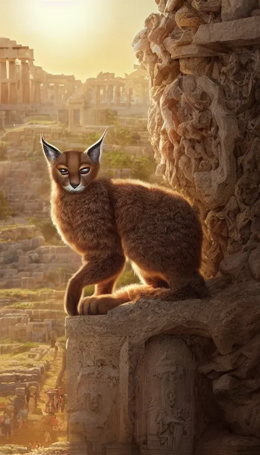 Image similar to fullbody photo of humanoid cute fluffy caracal dressed in toga as alexander macedon, sun behind him, ancient greek city, sunny day, by ilya kuvshinov, rtx rendering, octane render 1 2 8 k, maya, extreme high intricate details by tom bagshaw, medium shot, composition by sana takeda, lighting by greg rutkowski