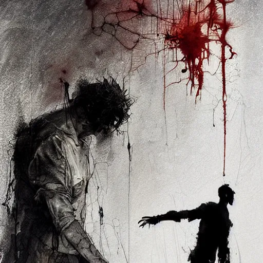 Image similar to man stealing energy from another man by emil melmoth zdzislaw belsinki craig mullins yoji shinkawa realistic render ominous detailed photo atmospheric by jeremy mann francis bacon and agnes cecile ink drips paint smears digital glitches glitchart