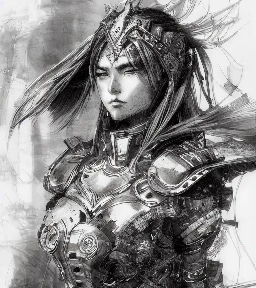 Image similar to portrait of anime woman in armor, pen and ink, intricate line drawings, by craig mullins, ruan jia, kentaro miura, greg rutkowski, loundraw