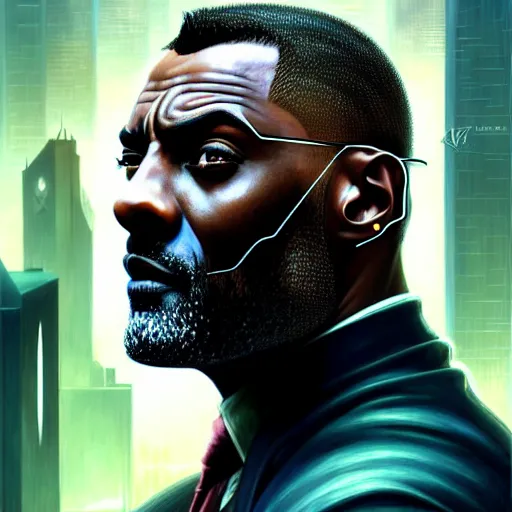 Image similar to portrait painting of a cyberpunk elven corporate boss idris elba, ultra realistic, concept art, intricate details, eerie, highly detailed, photorealistic, octane render, 8 k, unreal engine. art by artgerm and greg rutkowski and charlie bowater and magali villeneuve and alphonse mucha