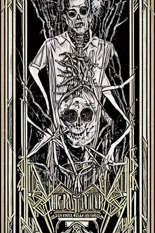 Image similar to a horror tarot card design with intricate details :: like the great gatsby