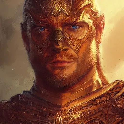 Prompt: renaissance green eyed ginger, middle aged, balding, king, riccardo scamarcio, art by artgerm and greg rutkowski and magali villeneuve, intricate renaissance armor, portrait, highly detailed, digital painting, trending on artstation, concept art, sharp focus, illustration