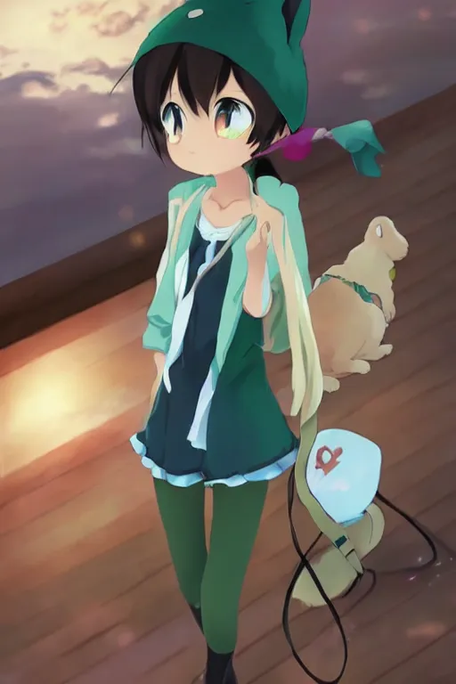 Image similar to Cute anime girl with bunny hat in the style of Makoto Shinkai, Kazuo Oga and Clamp