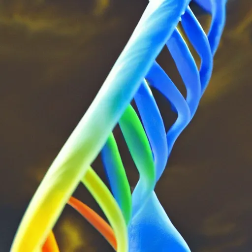 Prompt: a dna double helix, where the nucleobases consist of the 4 elements ( fire, earth, water, air ), macro photo