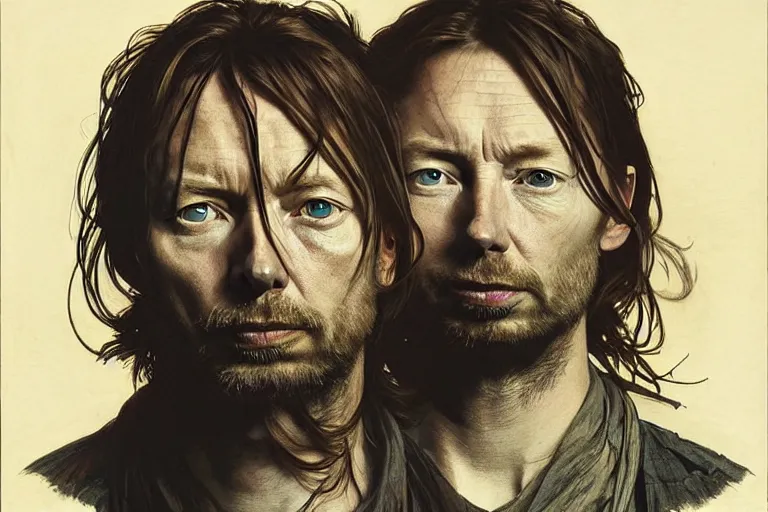 Image similar to hyper realistic portrait of wider faced thom yorke, bigger nose, on a stage, by lee bermejo, alphonse mucha and greg rutkowski