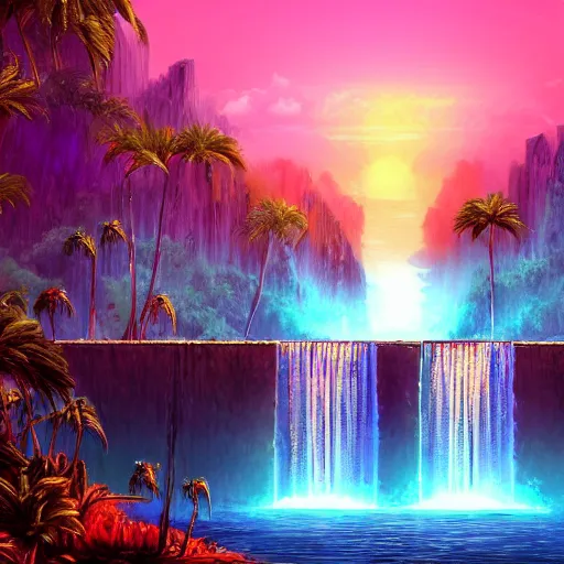 Image similar to old babylonian structure with waterfalls, retrowave epic art, trending on art station