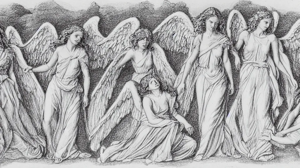 Prompt: a group of angels Crosshatching drawing