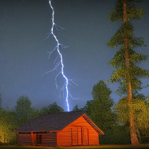 Prompt: a ultra realistic blue lightning arc over a cabin in the wood, by night. complex, highly detailed, unreal engine 5, 8 k render