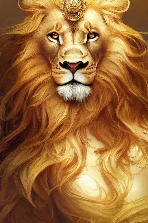 Prompt: a beautiful lion, gold jewellery, dnd, fantasy, intricate, elegant, highly detailed, digital painting, artstation, concept art, smooth, sharp focus, illustration, art by artgerm and greg rutkowski and alphonse mucha