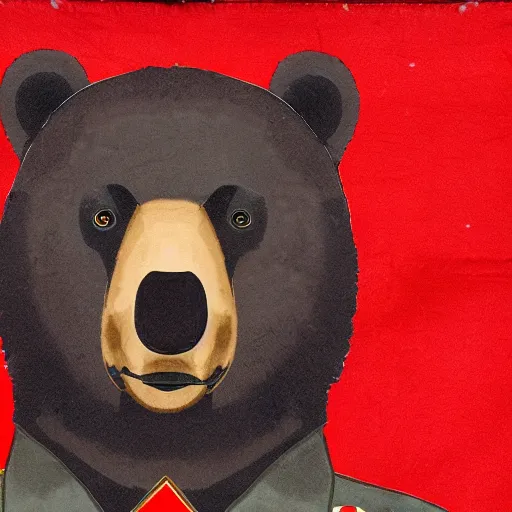 Image similar to a portrait of a socialist comrade bear in a military uniform waving a red flag