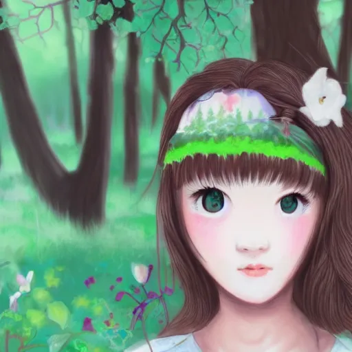 Image similar to detailed cute girl in a forest, style from aoshima chiho, detailed face