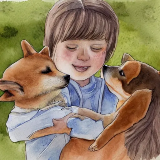 Image similar to a watercolor illustration of a girl with light brown hair, hazel eyes and freckles accompanied by a shiba inu