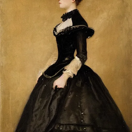 Prompt: young victorian lady in ball gown, painted by alfred stevens