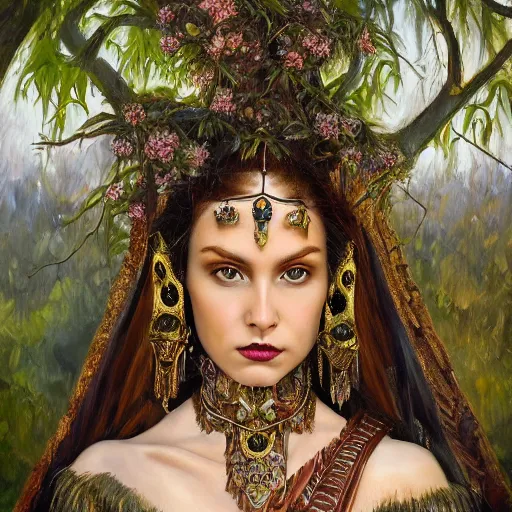 Image similar to oil painting of fantasy female warrior, symmetrical face, beautiful face, intricate jewellery, filigree armour, big earrings, shining eyes, crystals, covered in plants, standing in the mystical forest, realistic oil painting, baroque, renaissance painting, dramatic, cinematic light, trending on artstation, rule of thirds, highly detailed