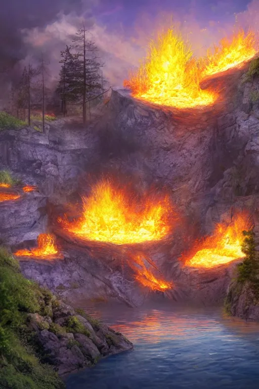 Prompt: the flaming quarry, fantasy, magic, 4 k, ultra realistic, celshaded art