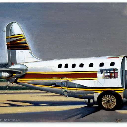 Prompt: View through an African airport of a Lockheed L-188 Electra parked on the runway, painting, norman rockwell artwork style
