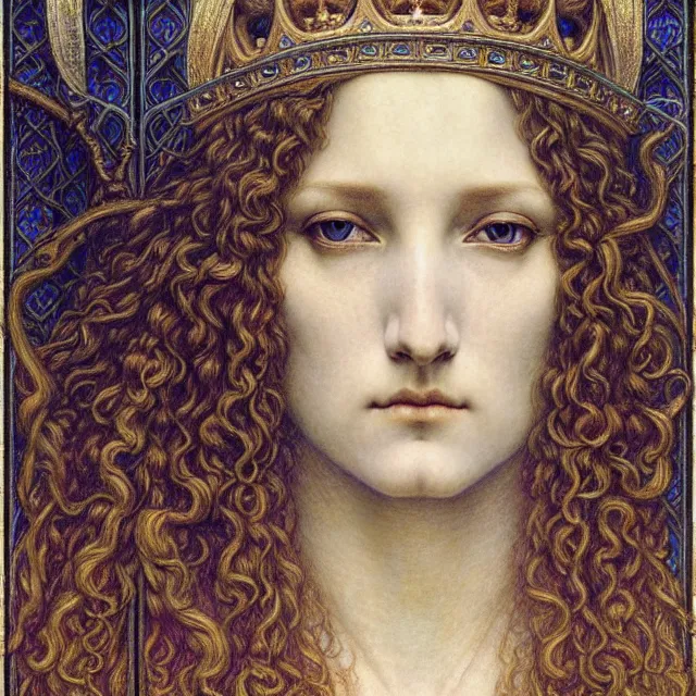 Image similar to detailed realistic beautiful young medieval queen face portrait by jean delville, gustave dore and marco mazzoni, art nouveau, symbolist, visionary, gothic, pre - raphaelite. horizontal symmetry