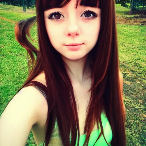 Prompt: Selfie photograph of Cute anime girl, long shiny bronze brown hair, green eyes, cute freckles, soft smile, medium shot, mid-shot, trending on Artstation,