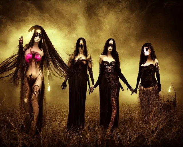 Prompt: three stunning otherworldly gothic goddesses of beauty wearing psychedelic wicca and skulls, full body, dark and mysterious, atmospheric, ominous, eerie, cinematic light, epic, 8 k 3 d, ultra detail, ultra realistic