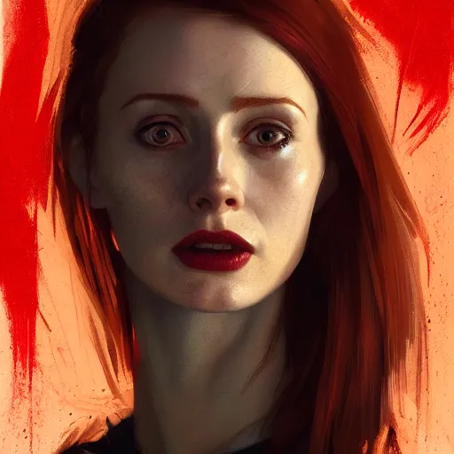 Image similar to portrait of redhead woman by Greg Rutkowski, who looks like a mixture between Karen Gillan, Thomasin McKenzie and young Bryce Dallas Howard wearing red and black utilitarian jumpsuit, scifi, highly detailed portrait, digital painting, artstation, concept art, smooth, sharp foccus ilustration, Artstation HQ