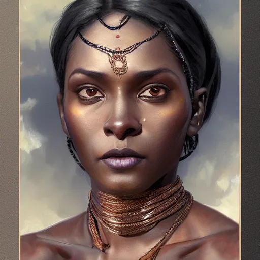 Image similar to wide angle portrait painting of a black muscular south indian woman, sari, ultra realistic, concept art, intricate details, eerie, horror, highly detailed, photorealistic, octane render, 8 k, unreal engine. art by artgerm and greg rutkowski and alphonse mucha