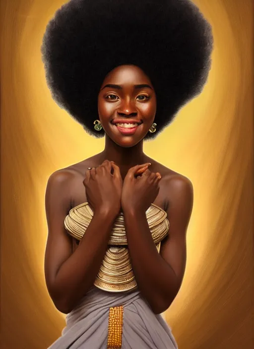 Image similar to beautiful igbo feminine face! portrait of young woman blessed by god with ever - increasing physical and mental perfection, black afro hair, symmetrical! intricate, elegant, highly detailed, vision of holy perfection!! smile, digital painting, artstation, concept art, smooth, sharp focus, illustration, art by artgerm and greg rutkowski and alphonse mucha