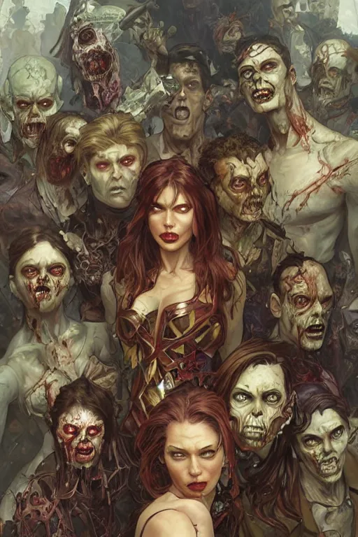 Prompt: group portrait of the zombie brain hero group, superhero zombies, fantasy, highly intricate, elegant, realistic faces, highly detailed, digital painting, artstation, concept art, smooth, sharp focus, group photo, illustration, art by artgerm and greg rutkowski and alphonse mucha, esoteric, surreal