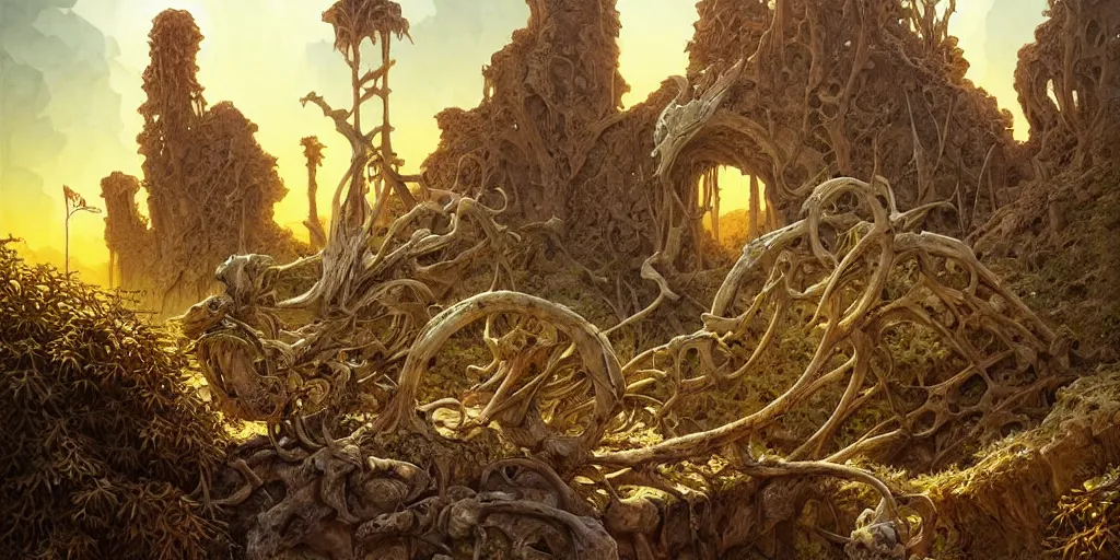 Prompt: a fantasy night desert landscape, ruins, bones, overgrown, arid ecosystem, digital illustration by michael whelan and leyendecker and artgerm, intricate details, surreal, photorealistic, award winning