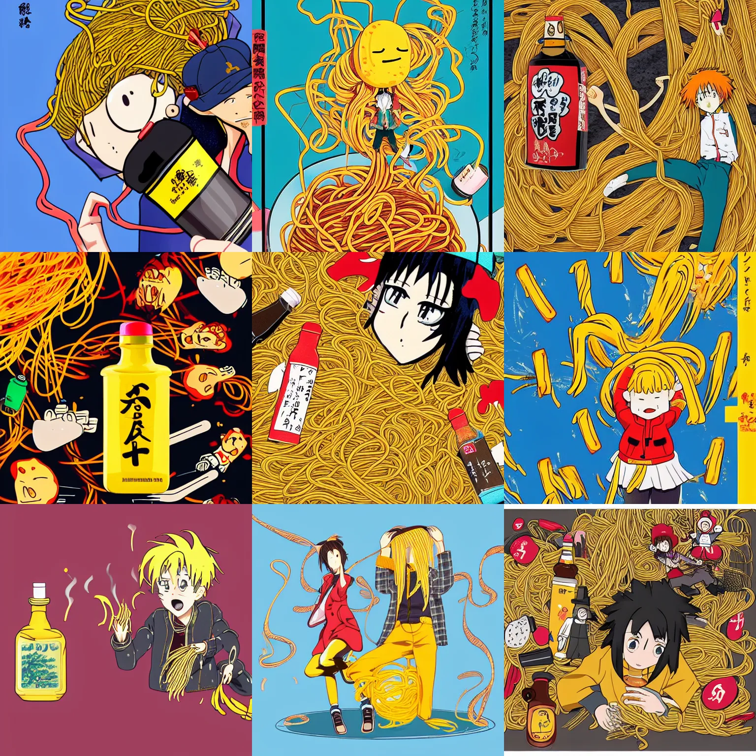 Prompt: a bottle of mustard tripping over spaghetti falling out of its jacket, anime style, anthropomorphic objects, japanese art style, inspired by JoJo