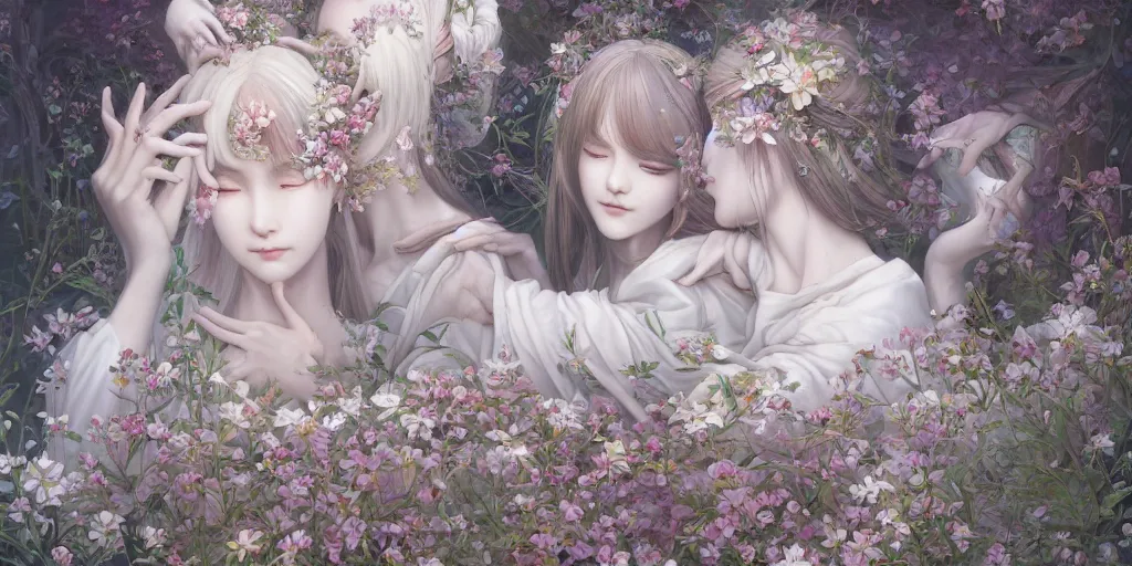 Image similar to breathtaking detailed concept art painting of the hugs goddesses of white flowers, orthodox saint, with anxious, piercing eyes, ornate background, amalgamation of leaves and flowers, by Hsiao-Ron Cheng, James jean, Miho Hirano, Hayao Miyazaki, extremely moody lighting, 8K