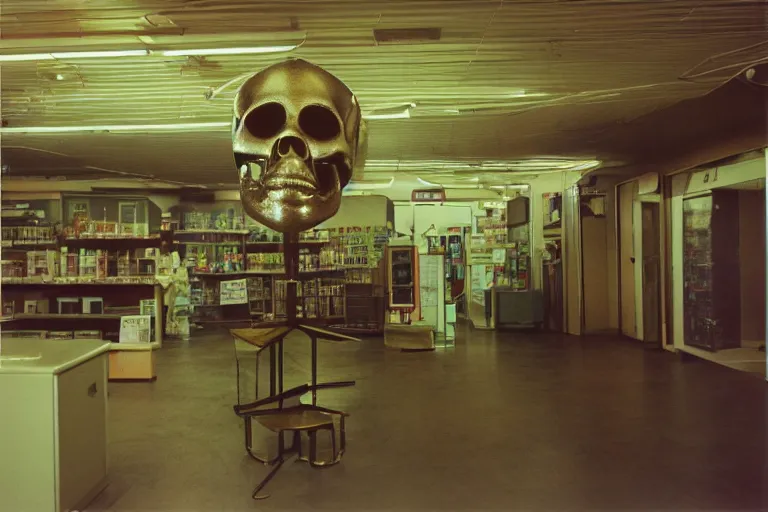 Prompt: large metallic skull attached to an infinitely long, giant, thick power cable, stoic and calm, inside of an unlit 1970s convenience store, ektachrome photograph, volumetric lighting, f8 aperture, cinematic Eastman 5384 film