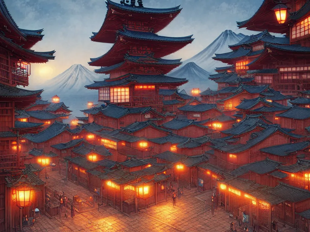 Image similar to old japanese town viewed from harbor, d & d digital painting, intricate details, ultra realistic, beautiful, volumetric lighting, warm colors advance, cell shading, by james jean, greg rutkowski, gerald brom, wlop