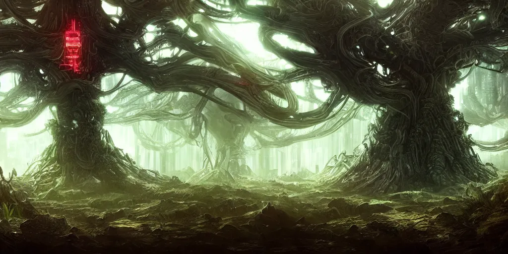 Image similar to yggdrasil growing in a dark forest where gears and electronic parts grow on the trees , cyberpunk landscape wallpaper, d&d art, fantasy, painted, 4k, high detail, sharp focus