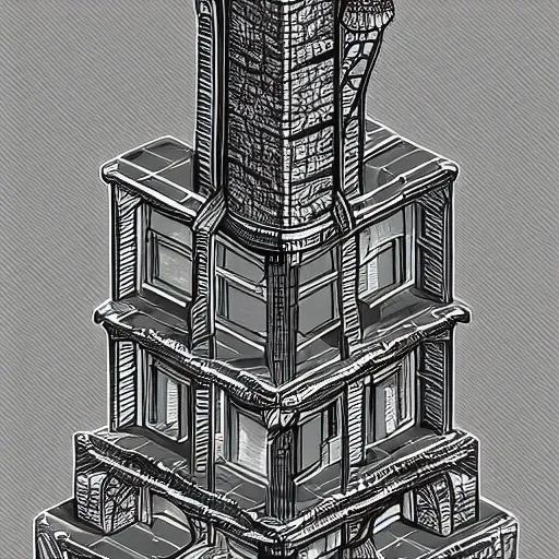 Image similar to isometric view of wizard tower, lineart