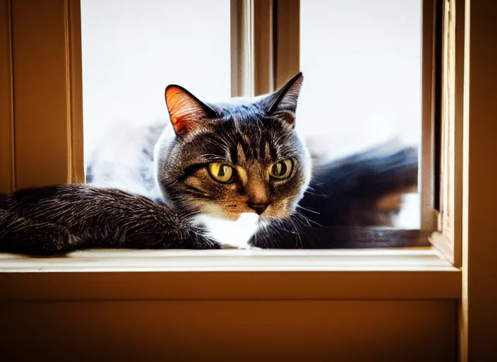 Image similar to photography of a Cat . watching outside the window. on a bed. in a 70's room full of vinyls and posters, photorealistic, award winning photo, 100mm, sharp, high res