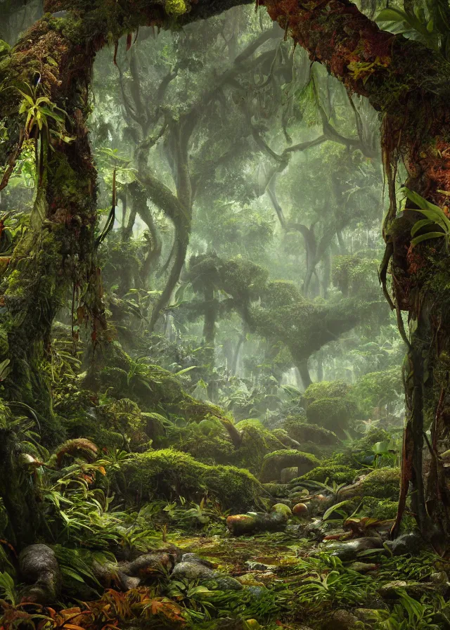 Prompt: tropical forest covered in fungus, extremely detailed oil painting, unreal 5 render, digital art, landscape painting, octane render, beautiful composition, trending on artstation, award winning photograph, masterpiece