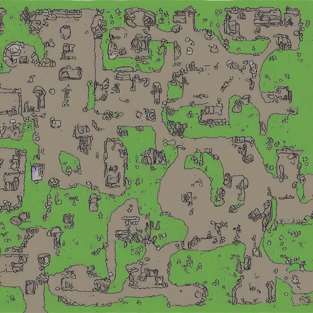 Image similar to simplistic bandit camp layout, art by allixander maps, acrylic drawing, fantasy, world, bright, clear, simple, sharpened