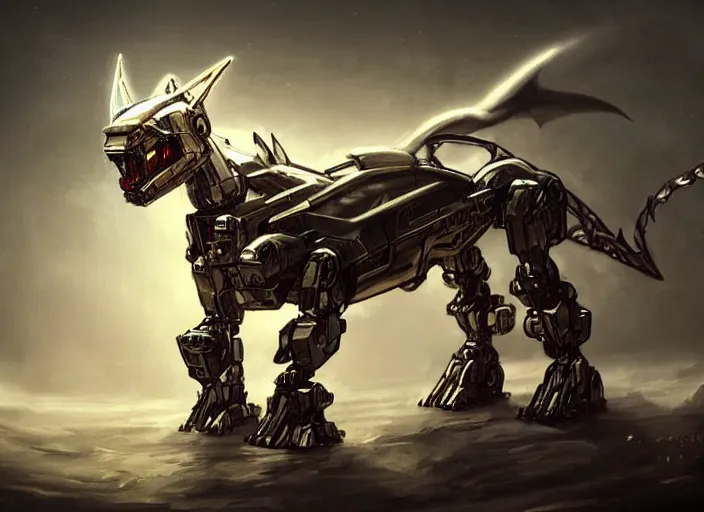 Image similar to hyper realistic, epic, highly detailed cinematic fukll, shot of a gigantic feral robot mecha canine, sharp dragon claws, detailed glowing head, metal ears, cannon mounted on back, sleek armor, glowing visor, detailed sharp claws, digital art, furry art, macro art, dragon art, furaffinity, deviantart, sofurry