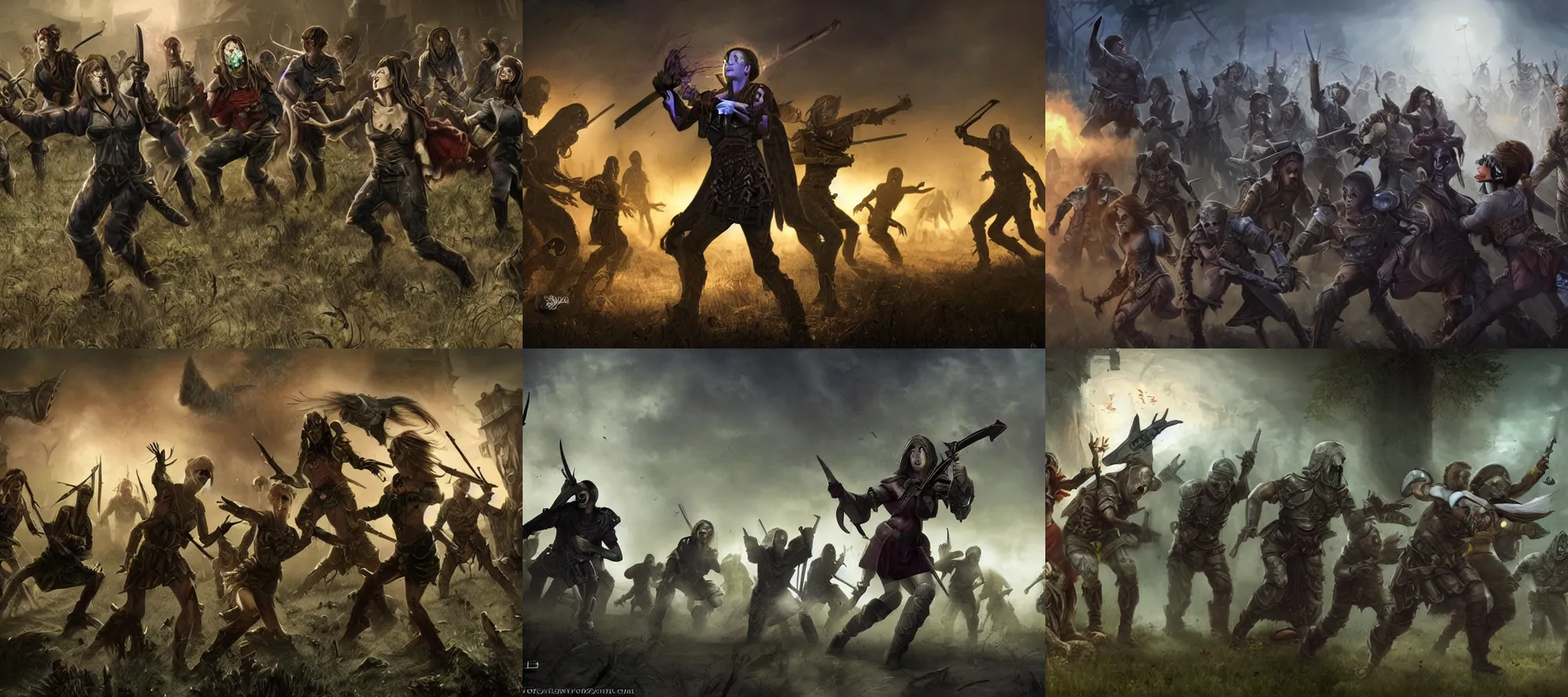 Prompt: A female paladin fights an army of zombies, matte painting, shadows, glowing holy magic